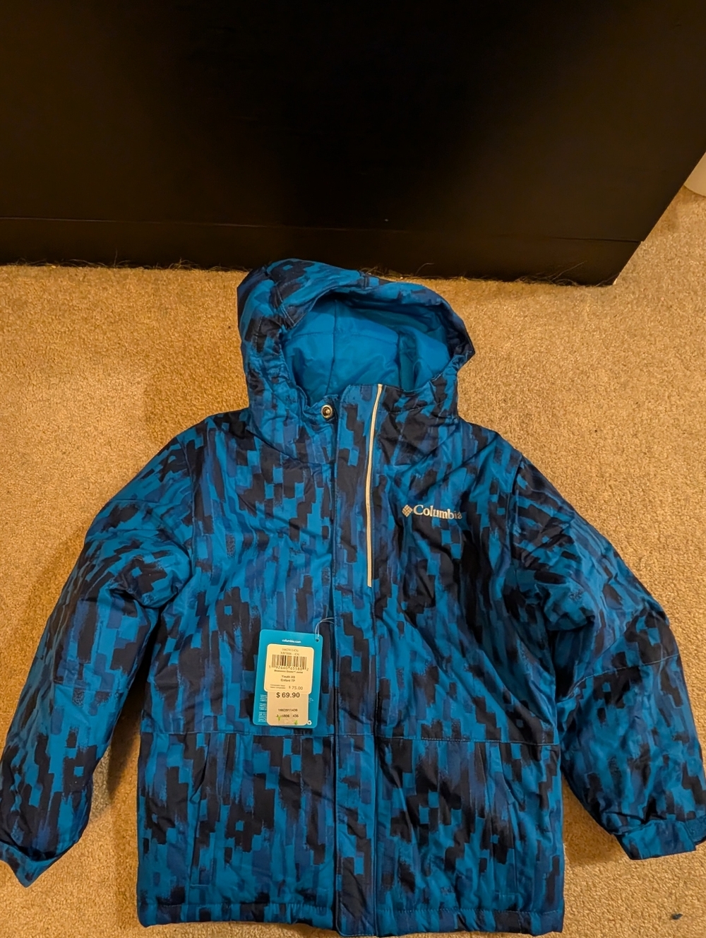 Columbia Blue Pixel Print Kids' Hooded Winter Coat - XS